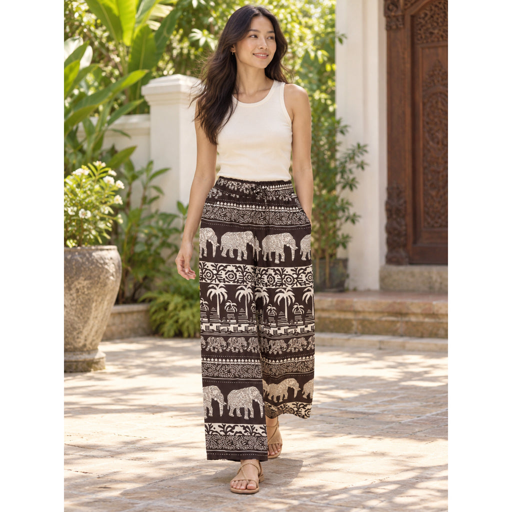 Thai Elefantenhose Dunkelbraun/Creme – Weite Hose mit 2 Seitentaschen