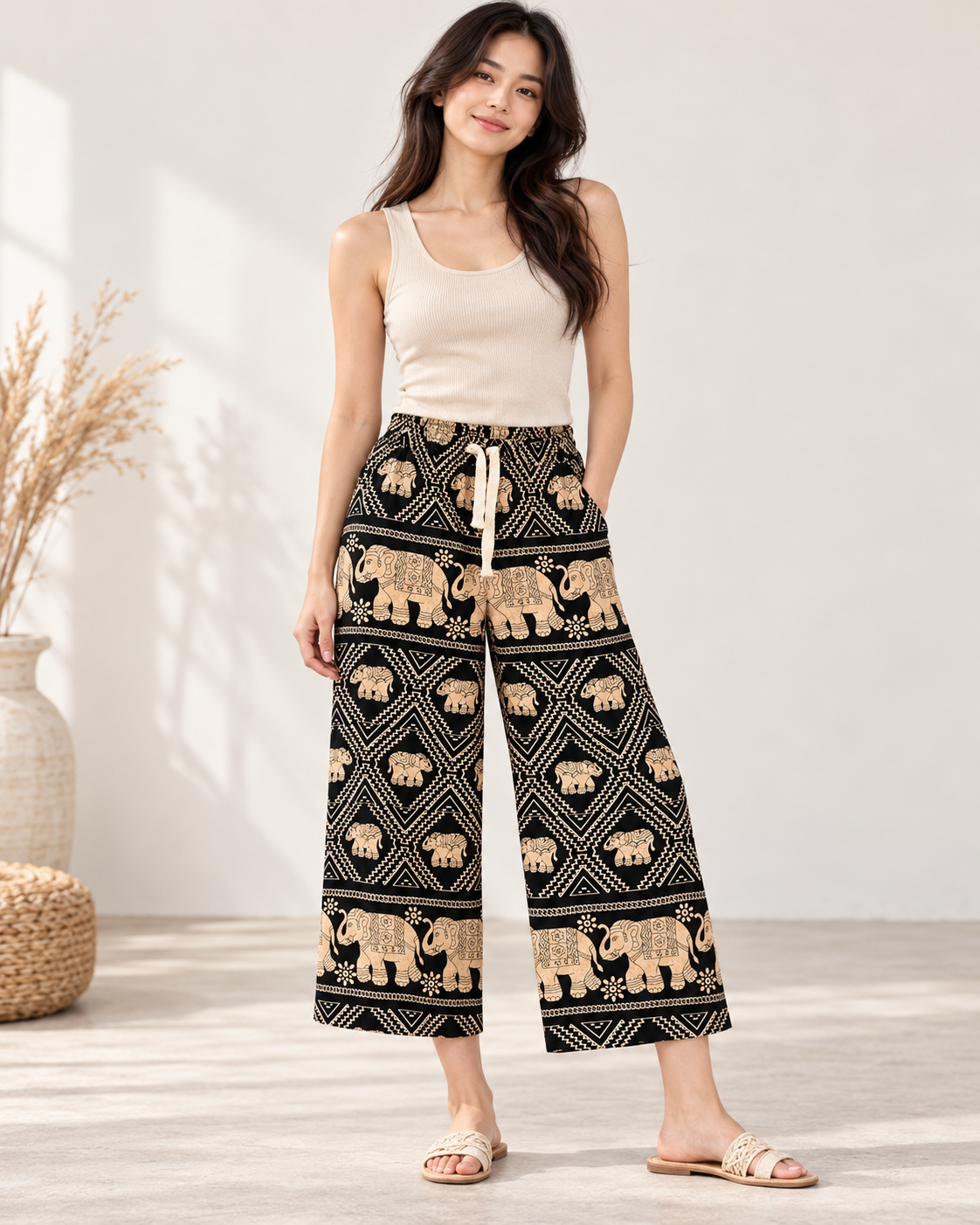Elefantenhose Schwarz-Beige – Unisex Hose mit Elastikbund & Kordel