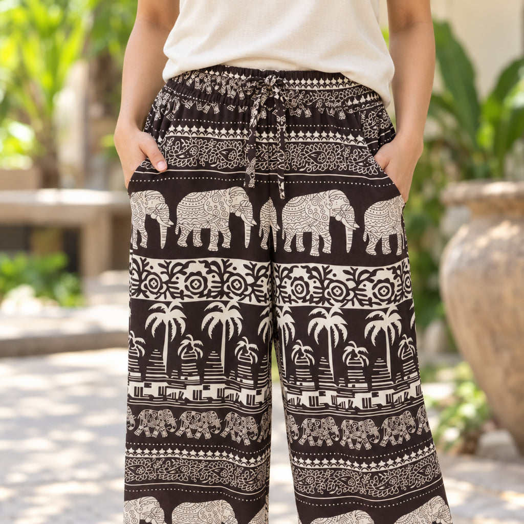 Thai Elefantenhose Dunkelbraun/Creme – Weite Hose mit 2 Seitentaschen
