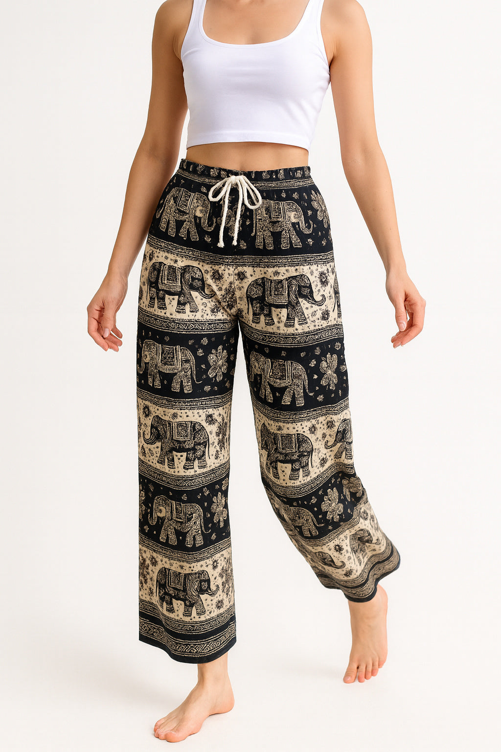 Leichte Boho-Hose mit Elefantenmuster – Schwarz/Beige | Unisex