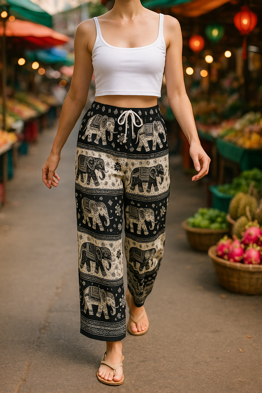 Leichte Boho-Hose mit Elefantenmuster – Schwarz/Beige | Unisex