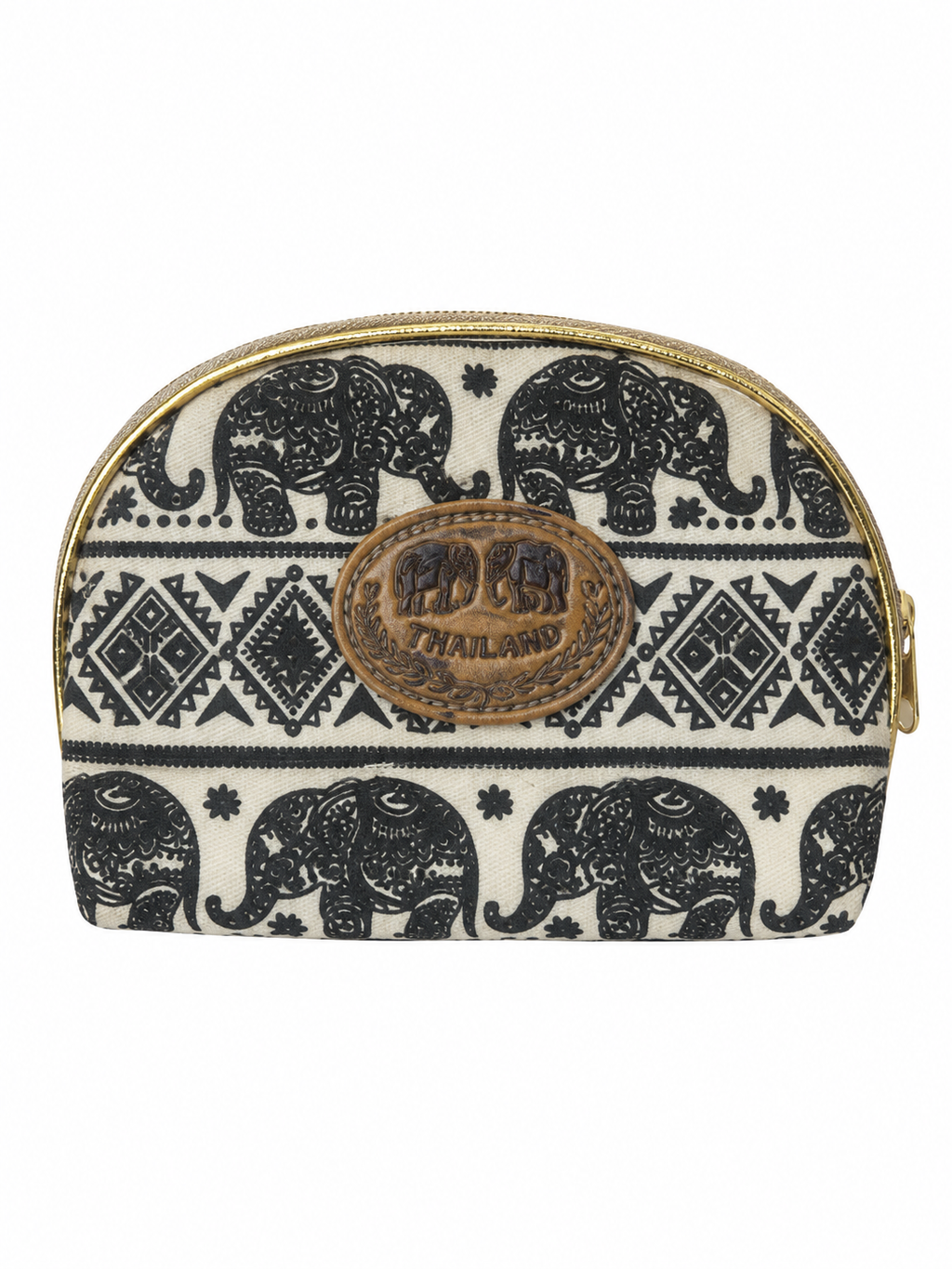 Thai-Elefanten-Etui Creme-Schwarz mit Reißverschluss – ca. 13 × 15 cm