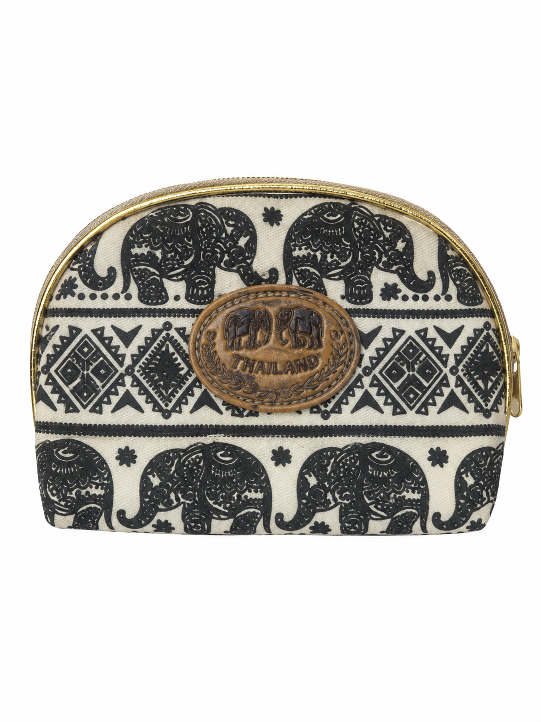 Thai-Elefanten-Etui Creme-Schwarz mit Reißverschluss – ca. 13 × 15 cm