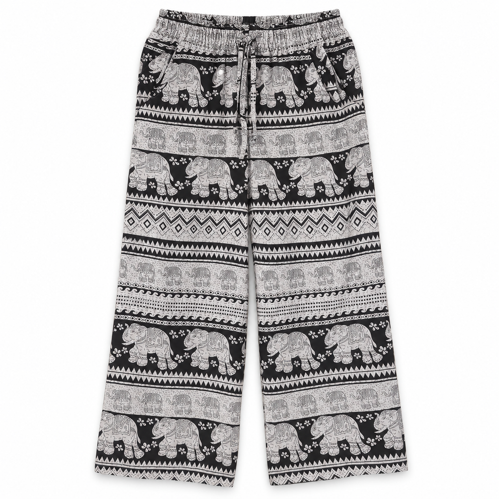 Leichte Thai-Elefantenhose Schwarz-Weiß aus Viskose – Einheitsgröße