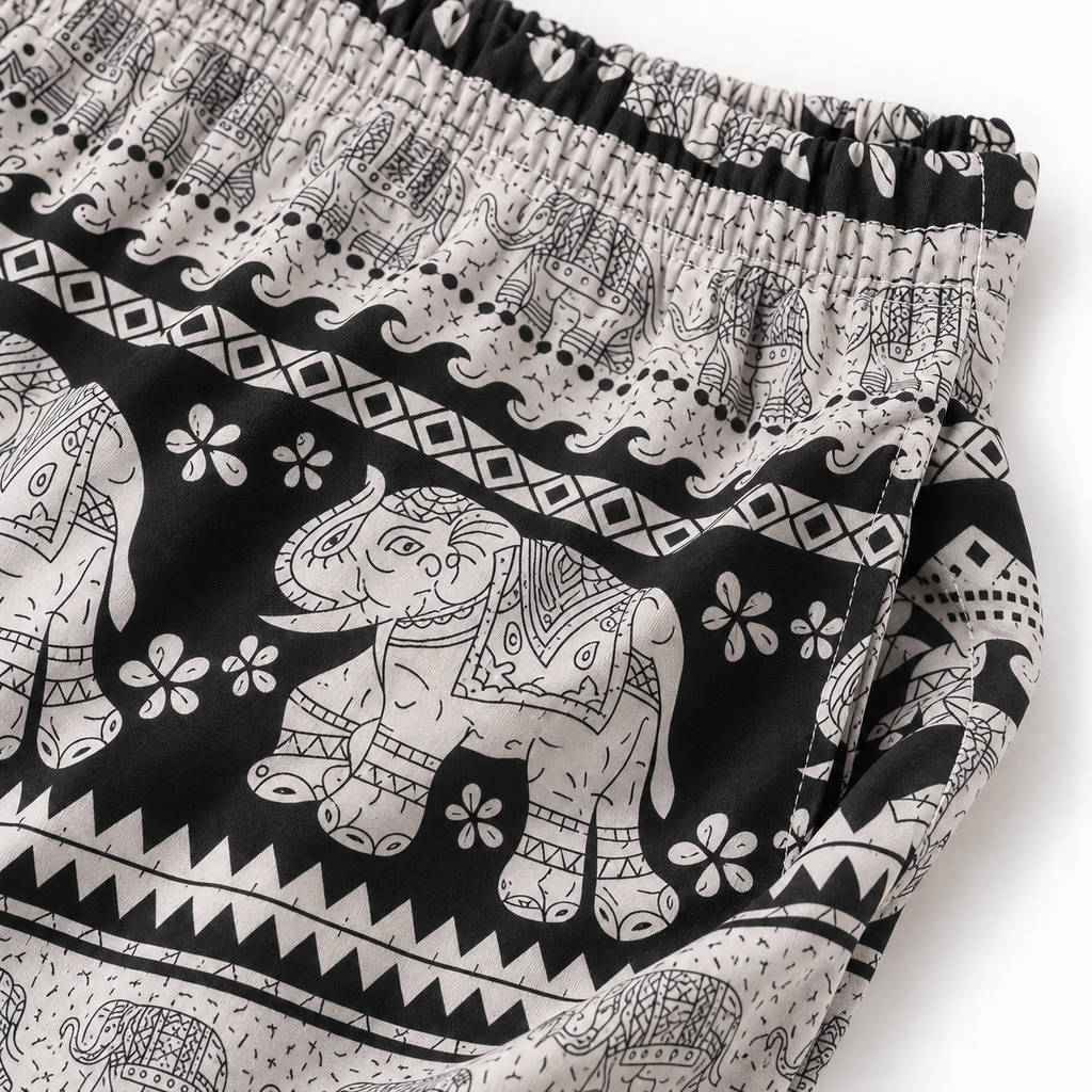 Leichte Thai-Elefantenhose Schwarz-Weiß aus Viskose – Einheitsgröße