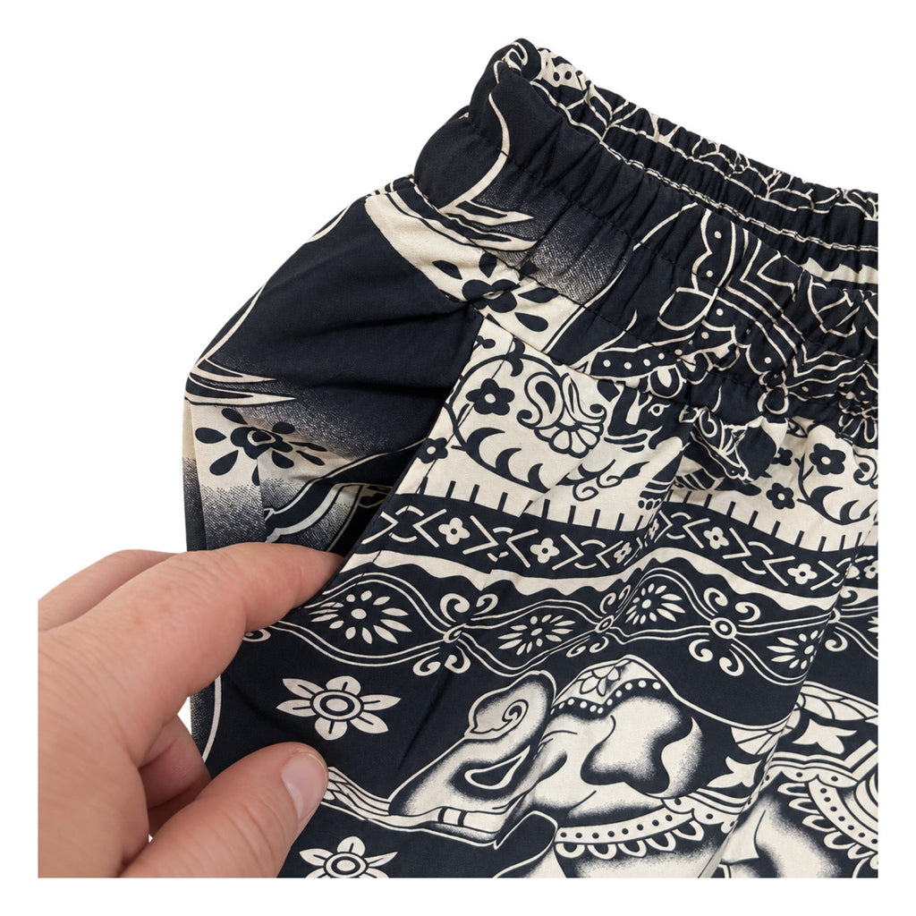 Weite Elefantenhose Blauschwarz-Creme mit großem Elefantenmuster