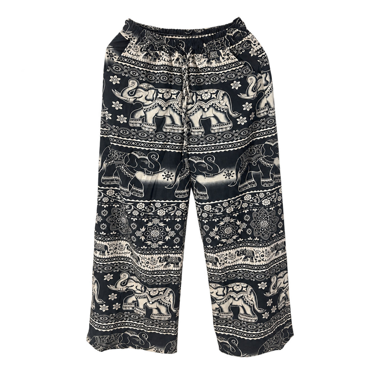 Weite Elefantenhose Blauschwarz-Creme mit großem Elefantenmuster