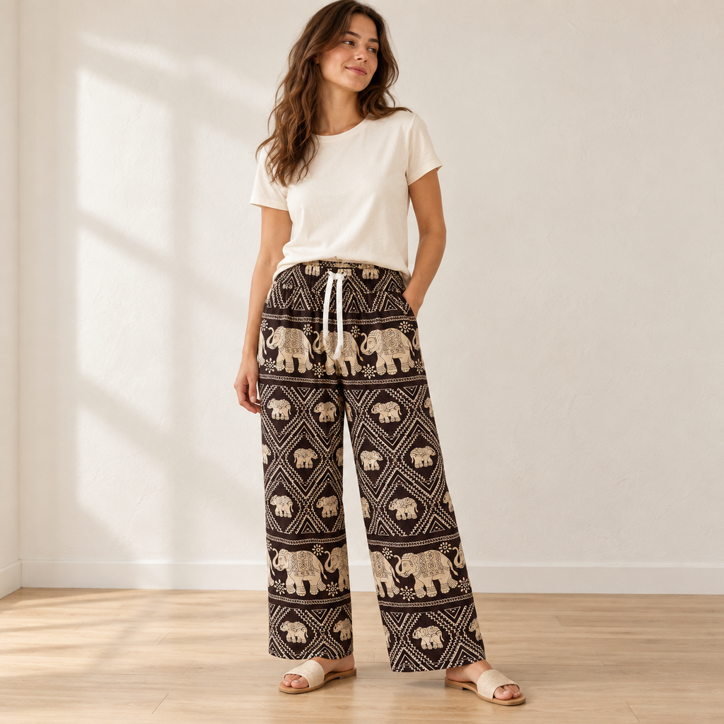 Weite Elefantenhose Braun-Beige mit Taschen – Einheitsgröße